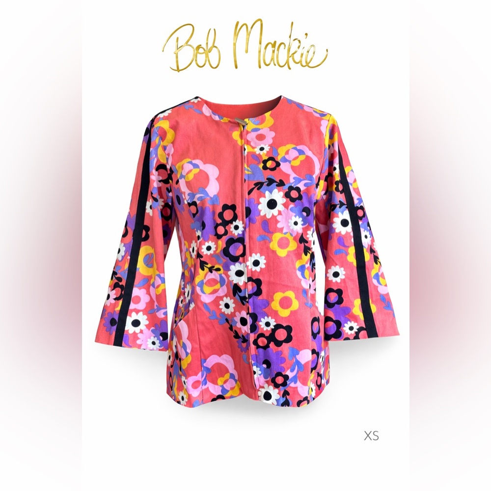 Bob Mackie Wearable Art Zip Front Floral Garland Jacket Grosgrain Trim XS